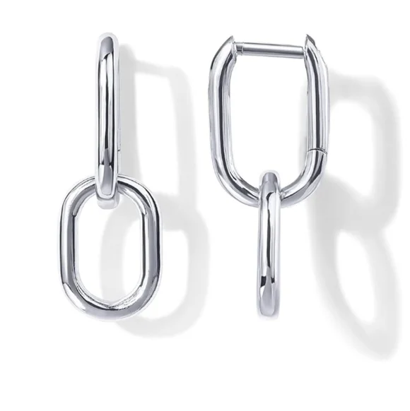 14K White Gold Plated Huggie Chain Link Drop Dangle Hoop Earrings - Picture 1 of 5